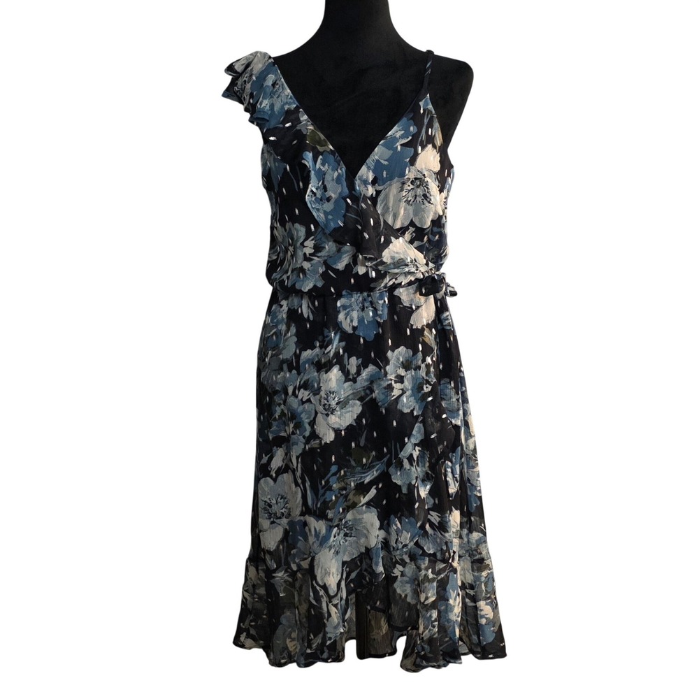 Bailey Blue Floral Metallic Ruffle High Low Wrap Dress Navy Blue Silver Small